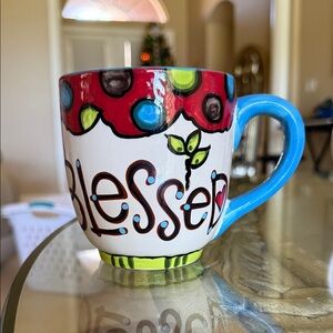 Colorful 'so very Blessed' Mug with Blue Handle used without box